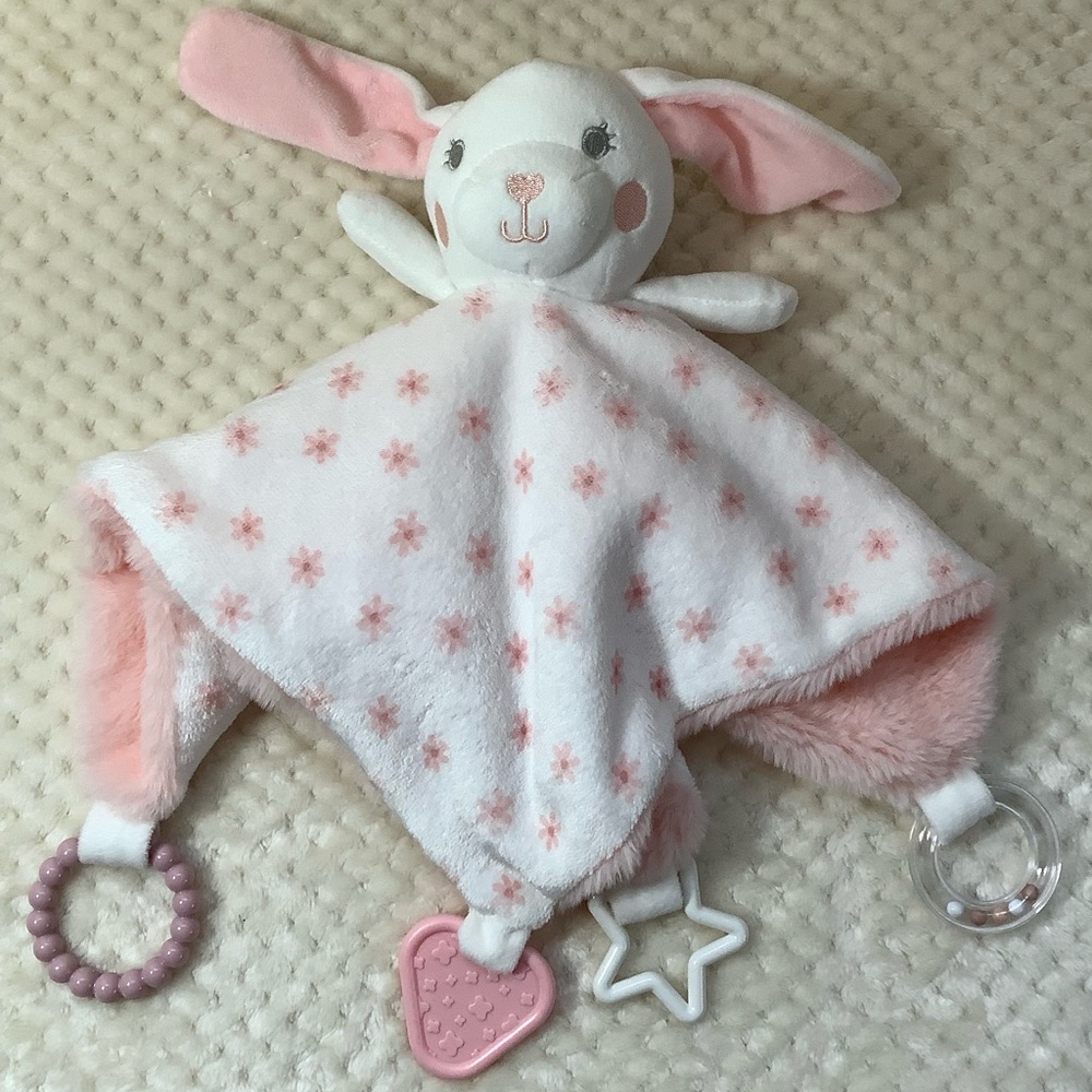 Dreamgro Pink and White Bunny Rabbit Lovey Security Blanket Toy W Rattle Teether